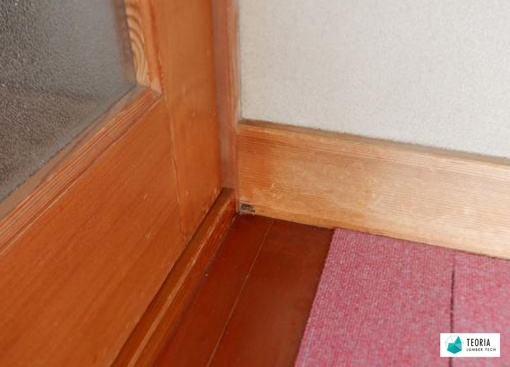 廊下の巾木のシロアリ被害で穴があいている